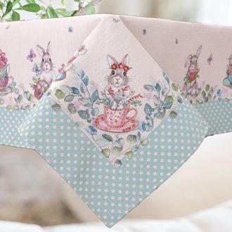   Húsvéti nyuszis, kék pöttyös szélű asztalterítő, 137x180 cm