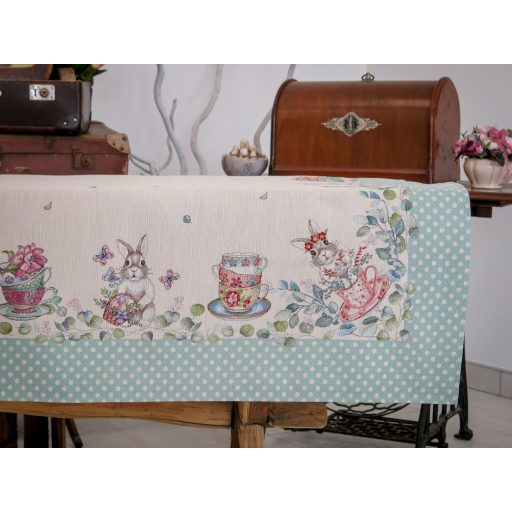 Húsvéti nyuszis, kék pöttyös szélű asztalterítő, 137x180 cm