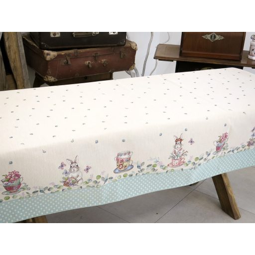 Húsvéti nyuszis, kék pöttyös szélű asztalterítő, 137x180 cm