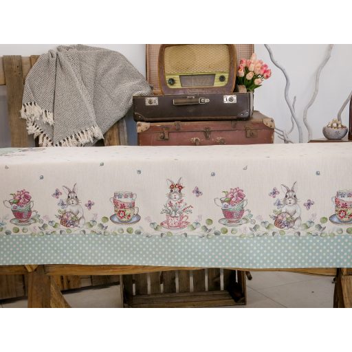 Húsvéti nyuszis, kék pöttyös szélű asztalterítő, 137x180 cm