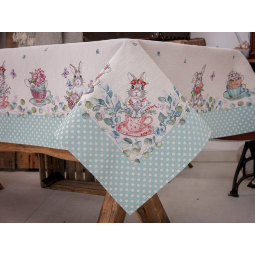 Húsvéti nyuszis, kék pöttyös szélű asztalterítő, 137x240 cm