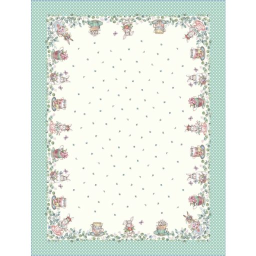 Húsvéti nyuszis, kék pöttyös szélű asztalterítő, 137x240 cm