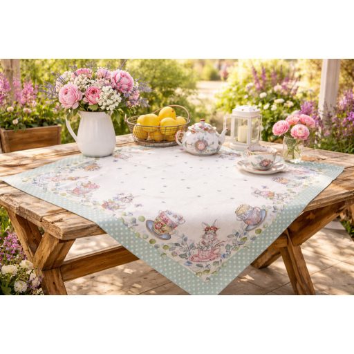 Húsvéti nyuszis, kék pöttyös szélű asztalterítő, 96x100 cm