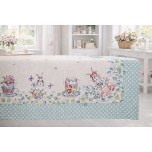 Húsvéti nyuszis, kék pöttyös szélű asztalterítő, 96x100 cm