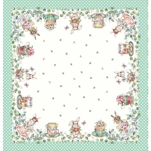 Húsvéti nyuszis, kék pöttyös szélű asztalterítő, 96x100 cm