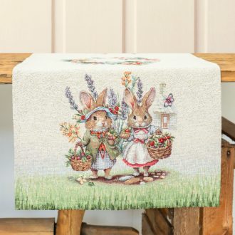 Nyuszi pár a zöld fűben asztali futó, 44x140 cm