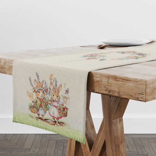 Nyuszi pár a zöld fűben asztali futó, 44x140 cm