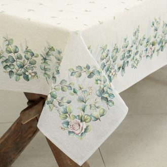 Fehér bazsarózsás, leveles asztalterítő, 137x180 cm