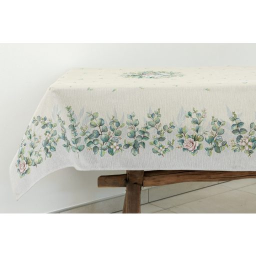 Fehér bazsarózsás, leveles asztalterítő, 137x180 cm