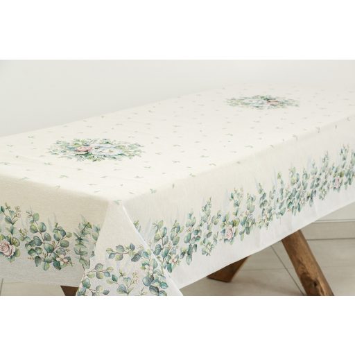 Fehér bazsarózsás, leveles asztalterítő, 137x240 cm