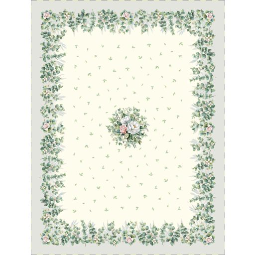 Fehér bazsarózsás, leveles asztalterítő, 137x240 cm