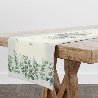 Fehér bazsarózsás, leveles asztali futó, 44x140 cm