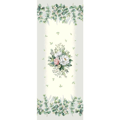 Fehér bazsarózsás, leveles asztali futó, 44x140 cm