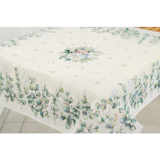 Fehér bazsarózsás, leveles asztalterítő, 96x100 cm