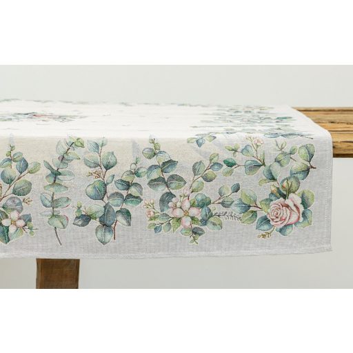 Fehér bazsarózsás, leveles asztalterítő, 96x100 cm