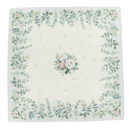 Fehér bazsarózsás, leveles asztalterítő, 96x100 cm