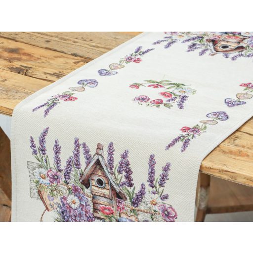 Levendulás, madárházas asztali futó, 44x140 cm