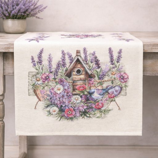 Levendulás, madárházas asztali futó, 44x140 cm