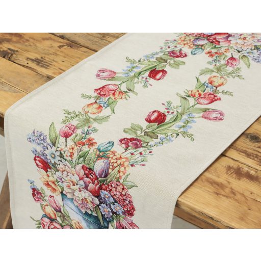 Tulipános, kék vödrös asztali futó, 44x140 cm