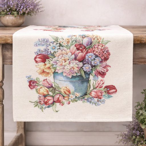 Tulipános, kék vödrös asztali futó, 44x140 cm