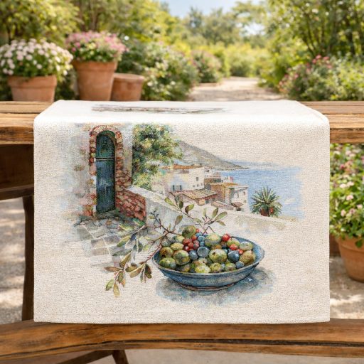 Mykonos mediterrán olivás asztali futó, 37x100 cm