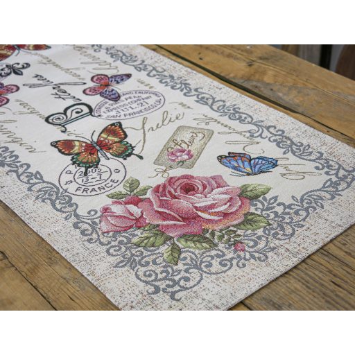 Vintage rózsás, pillangós asztali futó, 44x140 cm