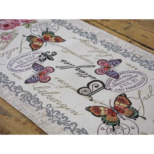 Vintage rózsás, pillangós asztali futó, 44x140 cm