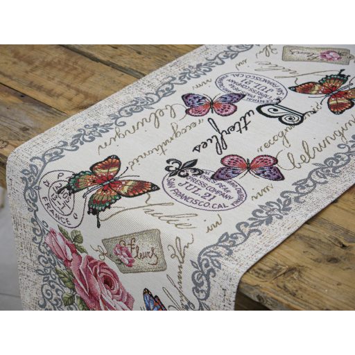 Vintage rózsás, pillangós asztali futó, 44x140 cm
