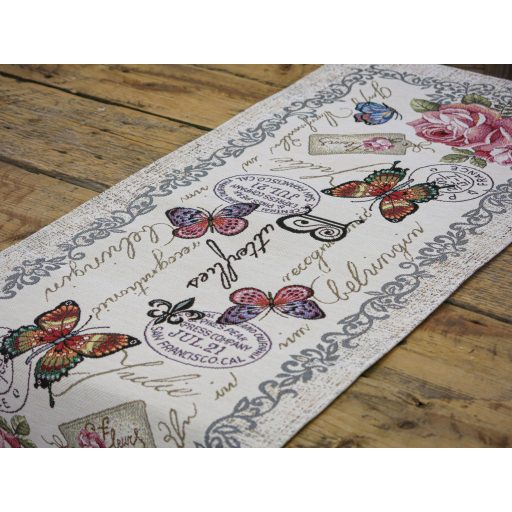 Vintage rózsás, pillangós asztali futó, 44x140 cm