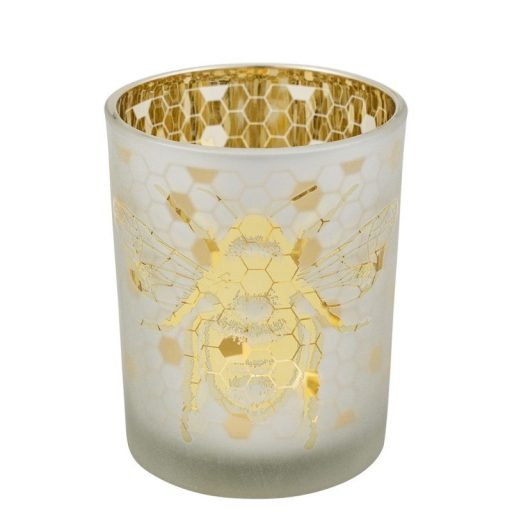 Üveg teamécses tartó, méhecskés sziluettel, arany színű, 12 cm
