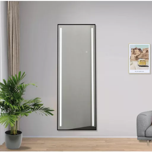Tükör egész alakos, led-es aluminium, üveg 60x0,5x165 cm fekete