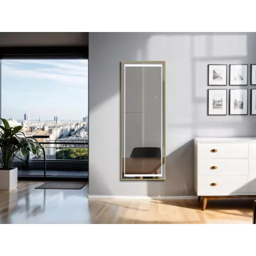 Tükör egész alakos, led-es aluminium, üveg 50x0,5x150 cm arany