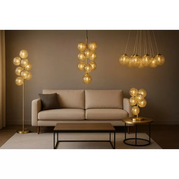 Lampara techo cristal metal 24x24x60 bolas dorado