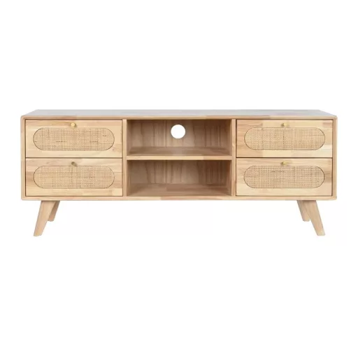 Tv-s szekrény gumifa, rattan, fém 120x30x48 cm natúr