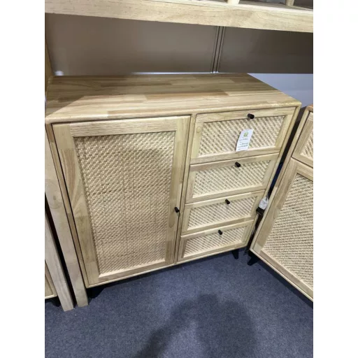 Tv-s szekrény gumifa, rattan, fém 120x30x48 cm natúr