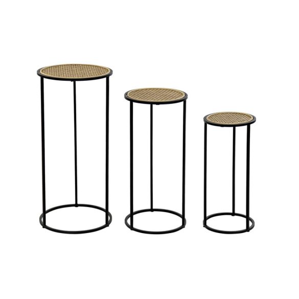 Kisasztal szett kerek fém, rattan 32x32x70 cm fekete s/3