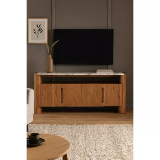 Akácfa TV-szekrény márvány lappal – 150 × 40 × 60 cm