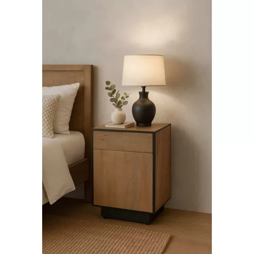 Éjjeliszekrény mangófából és fémből – 45×44×65 cm