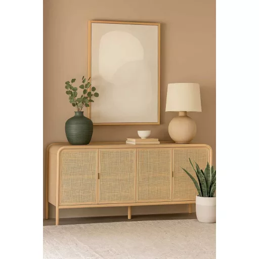 Natúr fenyőfa–rattan tálalószekrény – 180×40×82 cm