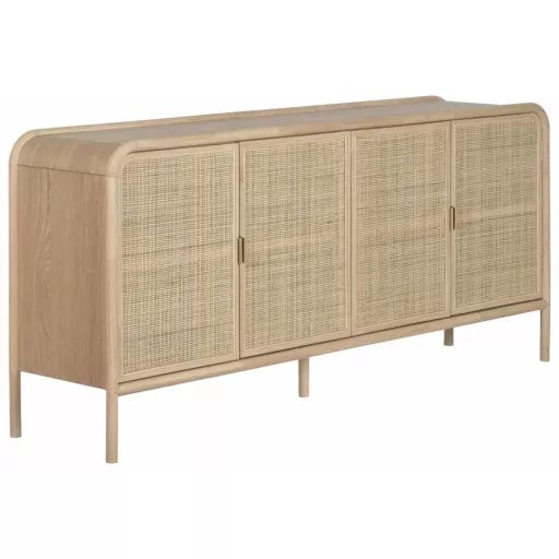 Natúr fenyőfa–rattan tálalószekrény – 180×40×82 cm