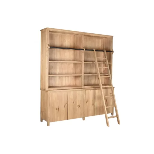 Fenyőfa–fém könyvespolc létrával – 200 × 45 × 220 cm