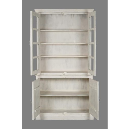 Vitrin mangófa – fehér antikolt, 122×43×230 cm